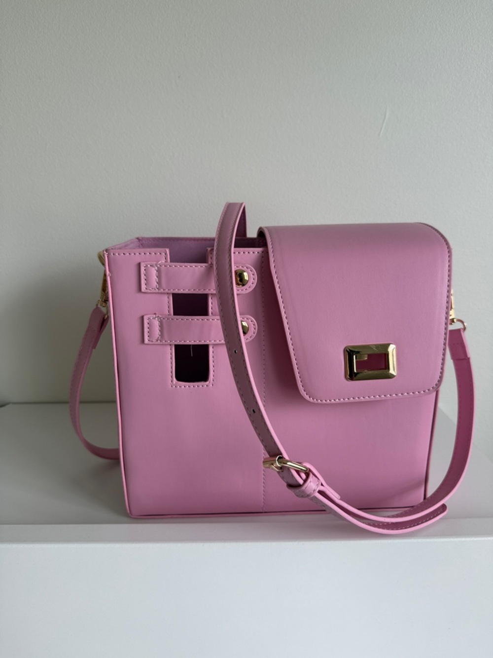 Pink Structured Crossbody Bag with Gold Hardware